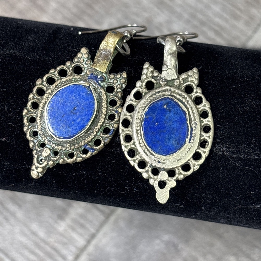 Vintage Lapis Lazuli Dangle Earrings Afghan Alpaca Silver Gold Wash Boho